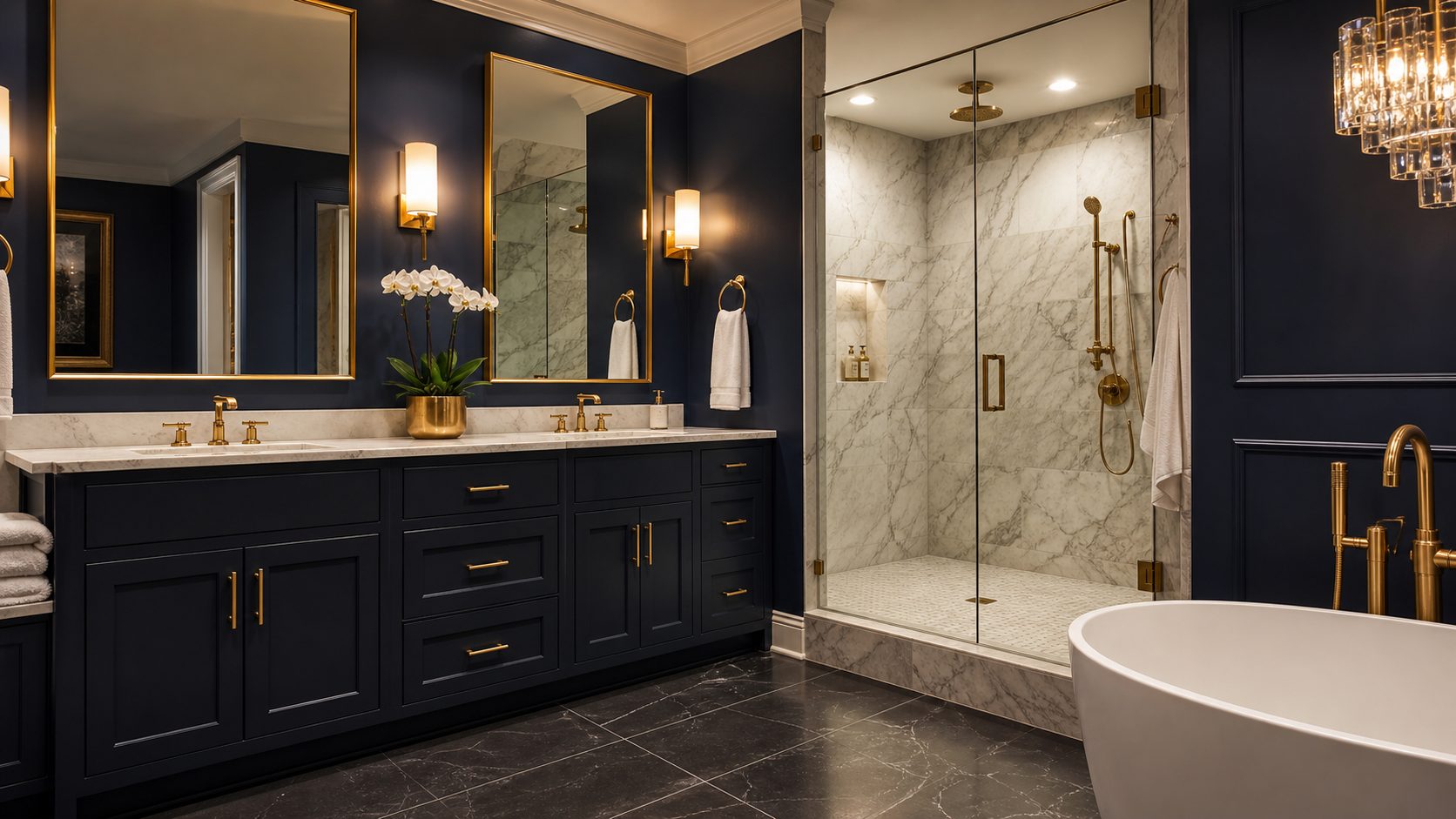 Premium bathroom remodeling with marble tile and glass shower
